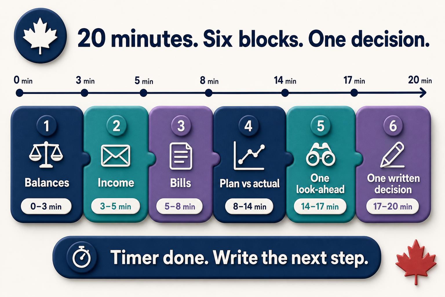 Six-block 20-minute monthly money review agenda: 0-3 balances, 3-5 income, 5-8 bills, 8-14 plan versus actual, 14-17 one look-ahead, 17-20 one written decision.