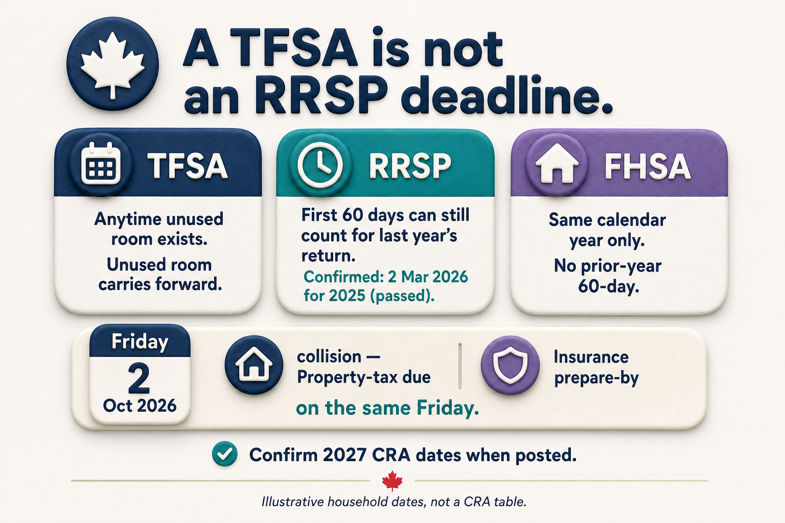 TFSA anytime with room, RRSP first 60 days, FHSA same calendar year; Friday 2 Oct 2026 is property-tax due and insurance prepare-by.