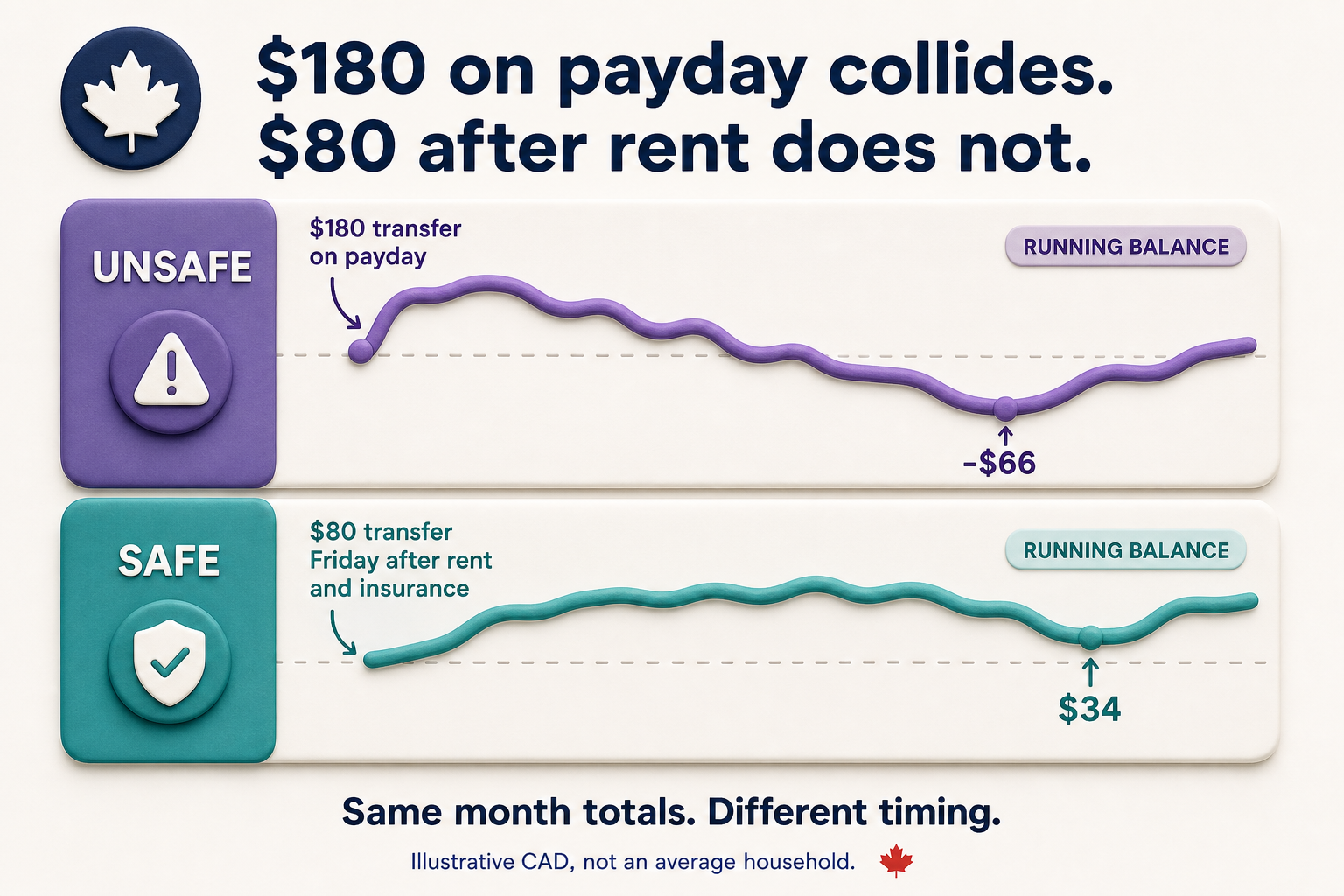 Two running-balance strips: $180 payday transfer lands at -$66; $80 Friday after rent and insurance lands at $34.