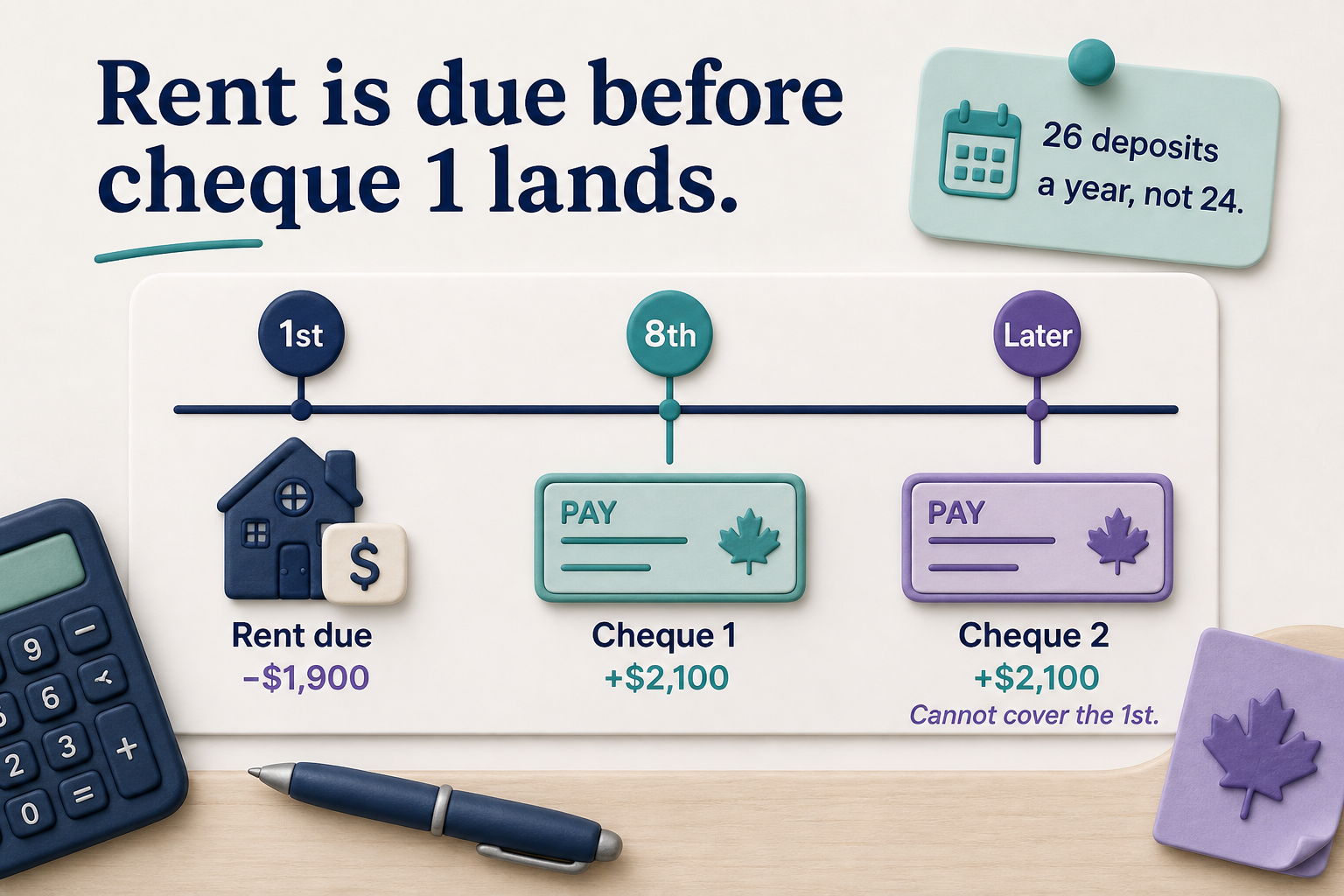 Timeline of an illustrative 30-day month: rent of $1,900 due on the 1st, cheque 1 of $2,100 on the 8th, and cheque 2 later. A side note says 26 deposits a year, not 24.